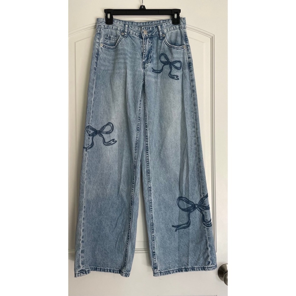 Vintage Y2K Blue Bow Embroidered Wide Leg Denim Jeans